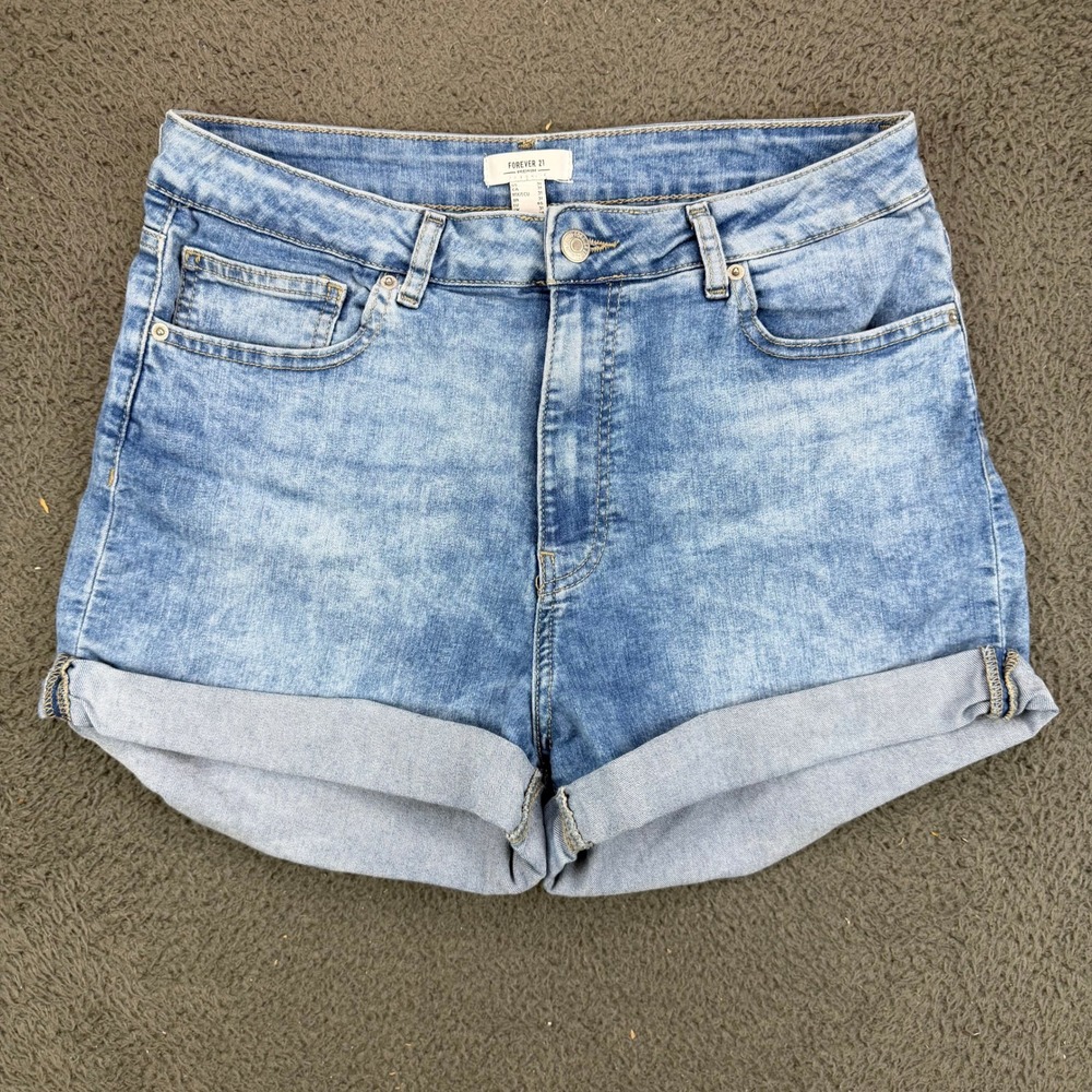 Forever 21 Premium Women Blue Acid Wash High Rise Cuffed Denim Shorts Size 31